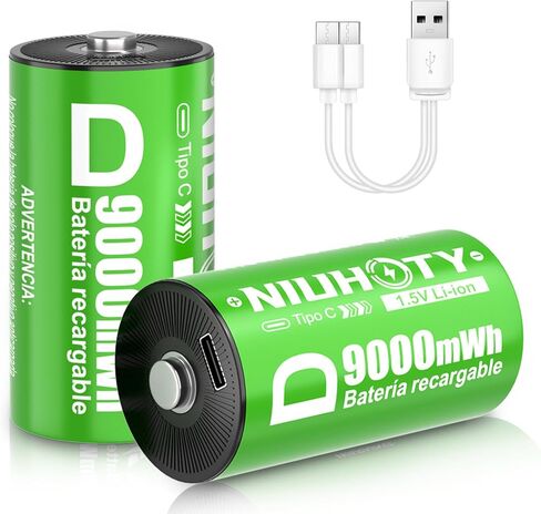 2 Pack D Cell Rechargeable Lithium Batteries 9000mWh, 1.5V Constant Output, 2-in-1 USB‑C Fast Charging, 2000+ Cycles, LR20 for Flashlight, Water Heater, Radio, Toys, Outdoor Tools in Kuwait
