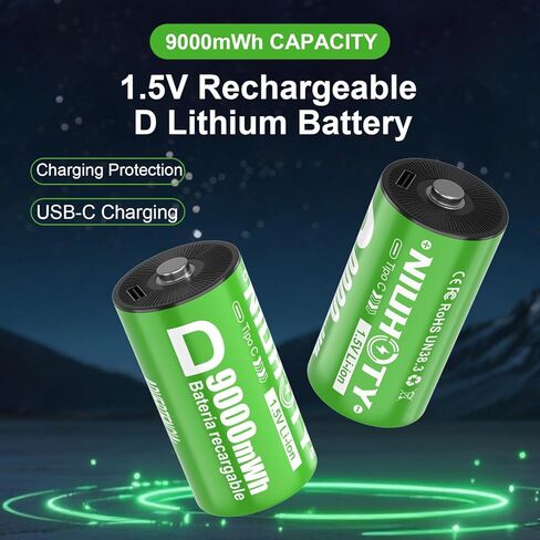 2 Pack D Cell Rechargeable Lithium Batteries 9000mWh, 1.5V Constant Output, 2-in-1 USB‑C Fast Charging, 2000+ Cycles, LR20 for Flashlight, Water Heater, Radio, Toys, Outdoor Tools in Kuwait