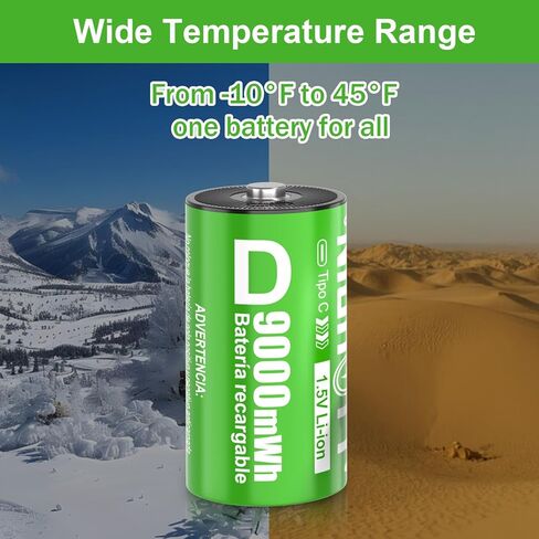 2 Pack D Cell Rechargeable Lithium Batteries 9000mWh, 1.5V Constant Output, 2-in-1 USB‑C Fast Charging, 2000+ Cycles, LR20 for Flashlight, Water Heater, Radio, Toys, Outdoor Tools in Kuwait