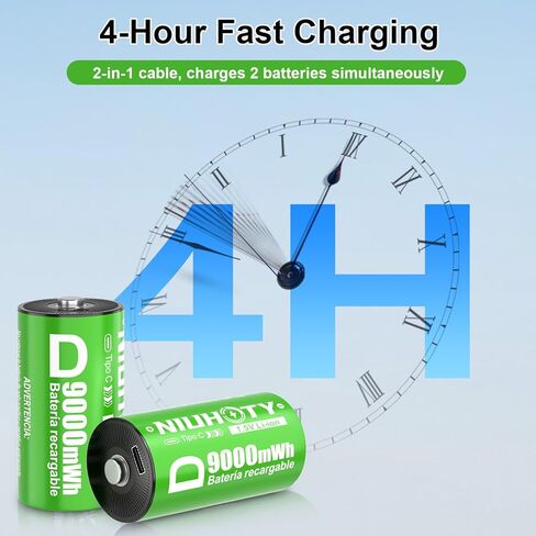 2 Pack D Cell Rechargeable Lithium Batteries 9000mWh, 1.5V Constant Output, 2-in-1 USB‑C Fast Charging, 2000+ Cycles, LR20 for Flashlight, Water Heater, Radio, Toys, Outdoor Tools in Kuwait