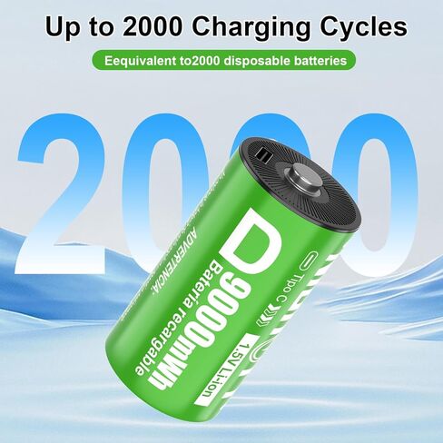 2 Pack D Cell Rechargeable Lithium Batteries 9000mWh, 1.5V Constant Output, 2-in-1 USB‑C Fast Charging, 2000+ Cycles, LR20 for Flashlight, Water Heater, Radio, Toys, Outdoor Tools in Kuwait