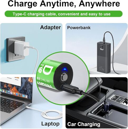 2 Pack D Cell Rechargeable Lithium Batteries 9000mWh, 1.5V Constant Output, 2-in-1 USB‑C Fast Charging, 2000+ Cycles, LR20 for Flashlight, Water Heater, Radio, Toys, Outdoor Tools in Kuwait