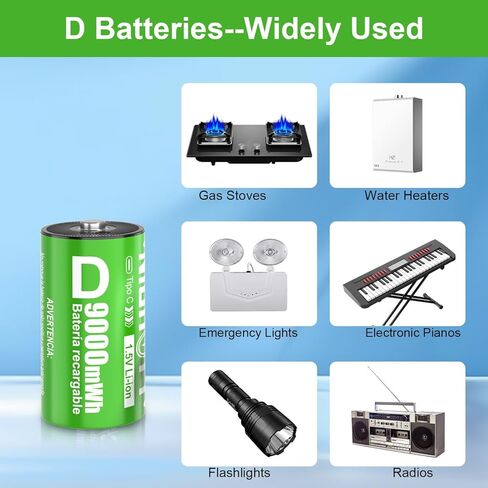 2 Pack D Cell Rechargeable Lithium Batteries 9000mWh, 1.5V Constant Output, 2-in-1 USB‑C Fast Charging, 2000+ Cycles, LR20 for Flashlight, Water Heater, Radio, Toys, Outdoor Tools in Kuwait