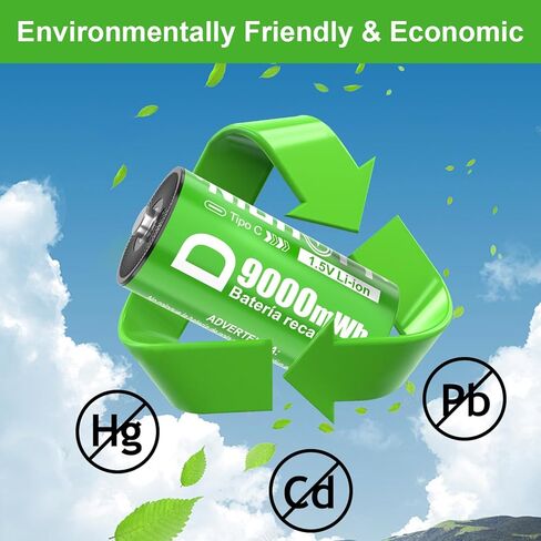 2 Pack D Cell Rechargeable Lithium Batteries 9000mWh, 1.5V Constant Output, 2-in-1 USB‑C Fast Charging, 2000+ Cycles, LR20 for Flashlight, Water Heater, Radio, Toys, Outdoor Tools in Kuwait