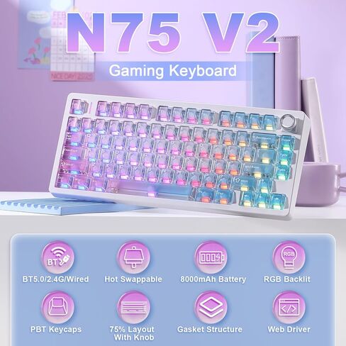 N75 V2 Pink Mechanical Keyboard,75% Layout with Knob,2.4GHz/BT/Wired Tri-Mode Wireless Keyboard, Clear Keycaps Gasket Hot Swappable Gaming Keyboard,Linear Switches, RGB Backlit for Win & Mac in Saudi Arabia