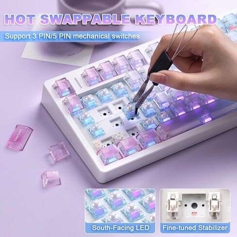 N75 V2 Pink Mechanical Keyboard,75% Layout with Knob,2.4GHz/BT/Wired Tri-Mode Wireless Keyboard, Clear Keycaps Gasket Hot Swappable Gaming Keyboard,Linear Switches, RGB Backlit for Win & Mac in Saudi Arabia