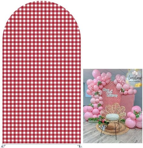 Red and White Plaids Arch Backdrop Cover Strawberry Theme Stretchy Arched Stands Covers for Girls Birthday Baby Shower Parties Decoration(Only Cover) in Saudi Arabia
