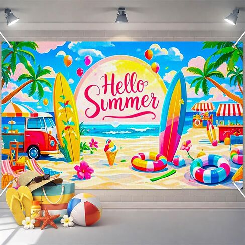 BlissYard Hello Summer Banner 71x43 Inches Beach Party Decorations Hawaiian Tropical Backdrop with Surfboard Ice Cream Design Summer Party Banner for Indoor Outdoor Pool Luau Decor in Kuwait