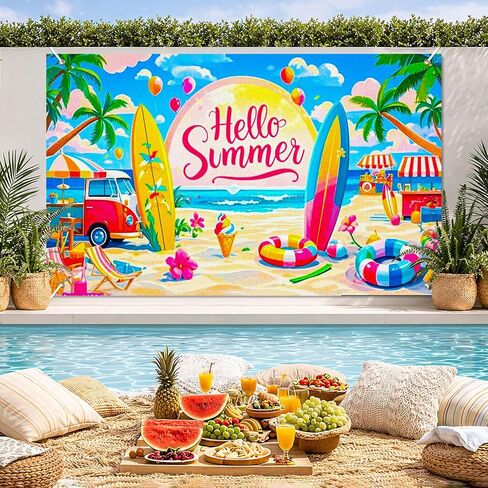 BlissYard Hello Summer Banner 71x43 Inches Beach Party Decorations Hawaiian Tropical Backdrop with Surfboard Ice Cream Design Summer Party Banner for Indoor Outdoor Pool Luau Decor in Kuwait