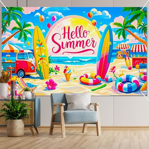 BlissYard Hello Summer Banner 71x43 Inches Beach Party Decorations Hawaiian Tropical Backdrop with Surfboard Ice Cream Design Summer Party Banner for Indoor Outdoor Pool Luau Decor in Kuwait