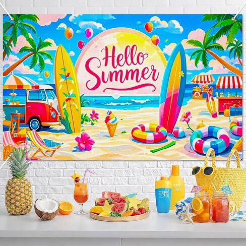BlissYard Hello Summer Banner 71x43 Inches Beach Party Decorations Hawaiian Tropical Backdrop with Surfboard Ice Cream Design Summer Party Banner for Indoor Outdoor Pool Luau Decor in Kuwait