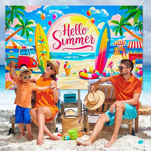 BlissYard Hello Summer Banner 71x43 Inches Beach Party Decorations Hawaiian Tropical Backdrop with Surfboard Ice Cream Design Summer Party Banner for Indoor Outdoor Pool Luau Decor in Kuwait