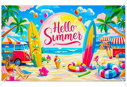 BlissYard Hello Summer Banner 71x43 Inches Beach Party Decorations Hawaiian Tropical Backdrop with Surfboard Ice Cream Design Summer Party Banner for Indoor Outdoor Pool Luau Decor in Kuwait