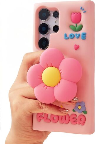 Cute 3D Flower Pop-Up Stand and Grip Phone Case for Samsung Galaxy S26 Ultra, Kawaii Cartoon Soft Silicone Phone Cover, Adorable Girly Floral Design for Girls, Kids, Teens, and Women in Kuwait