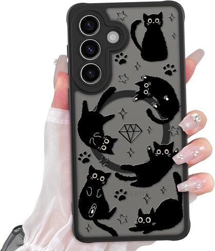 Cute Case for Samsung Galaxy S26 Ultra Case with Stand [ Compatible with MagSafe ] Kawaii Black Cat & Floral & Butterflies Pattern 360 Magnetic Ring Kickstand Phone Cover for Women Girls Boys in Saudi Arabia