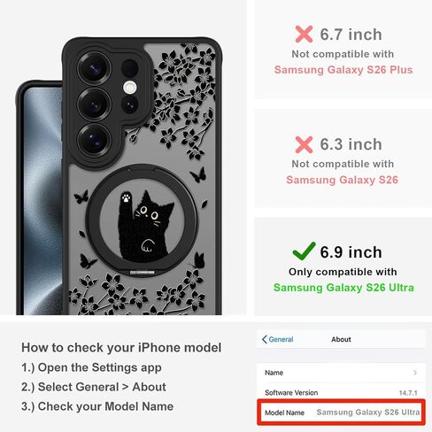 Cute Case for Samsung Galaxy S26 Ultra Case with Stand [ Compatible with MagSafe ] Kawaii Black Cat & Floral & Butterflies Pattern 360 Magnetic Ring Kickstand Phone Cover for Women Girls Boys in Saudi Arabia