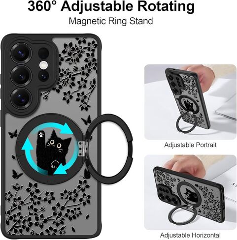 Cute Case for Samsung Galaxy S26 Ultra Case with Stand [ Compatible with MagSafe ] Kawaii Black Cat & Floral & Butterflies Pattern 360 Magnetic Ring Kickstand Phone Cover for Women Girls Boys in Saudi Arabia