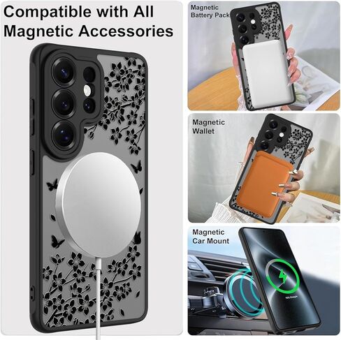 Cute Case for Samsung Galaxy S26 Ultra Case with Stand [ Compatible with MagSafe ] Kawaii Black Cat & Floral & Butterflies Pattern 360 Magnetic Ring Kickstand Phone Cover for Women Girls Boys in Saudi Arabia