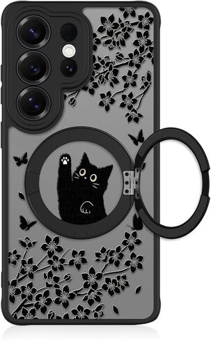 Cute Case for Samsung Galaxy S26 Ultra Case with Stand [ Compatible with MagSafe ] Kawaii Black Cat & Floral & Butterflies Pattern 360 Magnetic Ring Kickstand Phone Cover for Women Girls Boys in Saudi Arabia