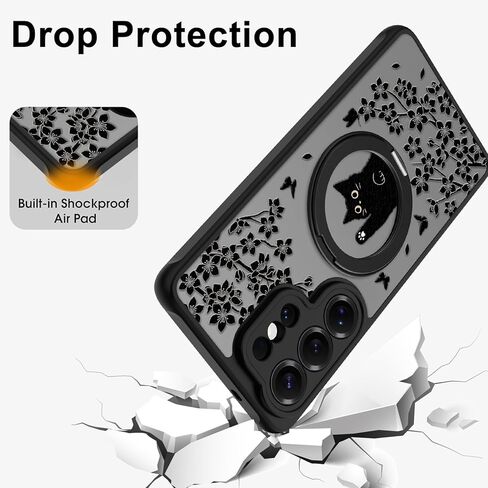 Cute Case for Samsung Galaxy S26 Ultra Case with Stand [ Compatible with MagSafe ] Kawaii Black Cat & Floral & Butterflies Pattern 360 Magnetic Ring Kickstand Phone Cover for Women Girls Boys in Saudi Arabia