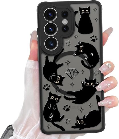 Cute Case for Samsung Galaxy S26 Ultra Case with Stand [ Compatible with MagSafe ] Kawaii Black Cat & Floral & Butterflies Pattern 360 Magnetic Ring Kickstand Phone Cover for Women Girls Boys in Saudi Arabia
