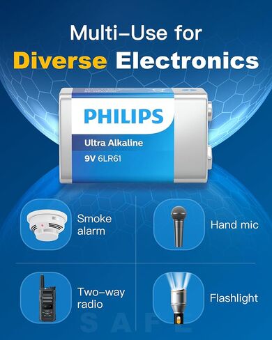 Philips 9V Batteries Durable 9 Volt Battery for Smoke Alarms, Carbon Monoxide Detectors & Office Equipment, Child-Safe Leak Proof Design in Kuwait