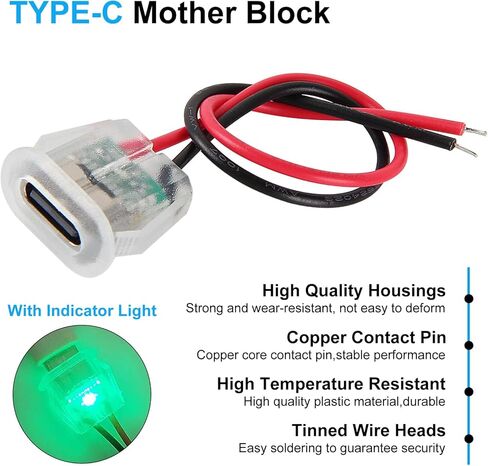 5 قطعة موصل USB من النوع C أنثى 2Pin مع LED من النوع C مقاوم للماء مع مقبس أنثى شحن سريع جاك منفذ شحن USB-C مقبس توصيل الشاحن in Kuwait
