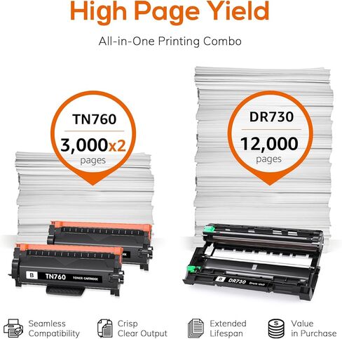 TN760 Toner Cartridge and DR730 Drum Unit Compatible with Brother TN730 TN-730 DR730 DR 730 Work with DCP-L2550DW HL-L2350DW HL-L2390DW MFC-L2710DW MFC-L2750DW(2 Toners, 1 Drum, 3 Pack) in Kuwait