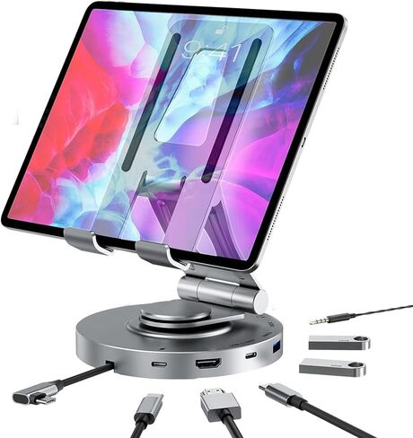 Zopsc 10 in 1 Tablet Docking Station Stand, 360° Rotating Tablet Holder with USB C Hub, Card Reader, 3.5mm Sound Jack, USB 3.0, 100W PD Power Port, Aluminum Alloy in Kuwait