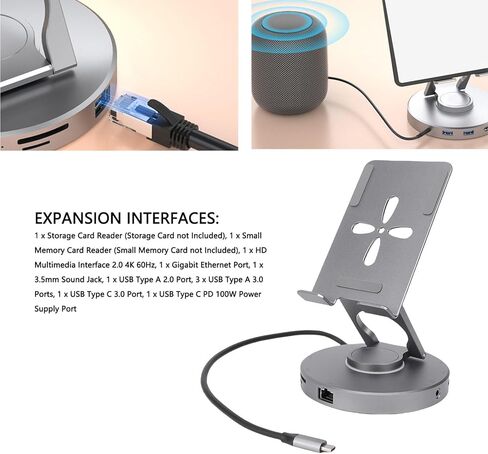 Zopsc 10 in 1 Tablet Docking Station Stand, 360° Rotating Tablet Holder with USB C Hub, Card Reader, 3.5mm Sound Jack, USB 3.0, 100W PD Power Port, Aluminum Alloy in Kuwait