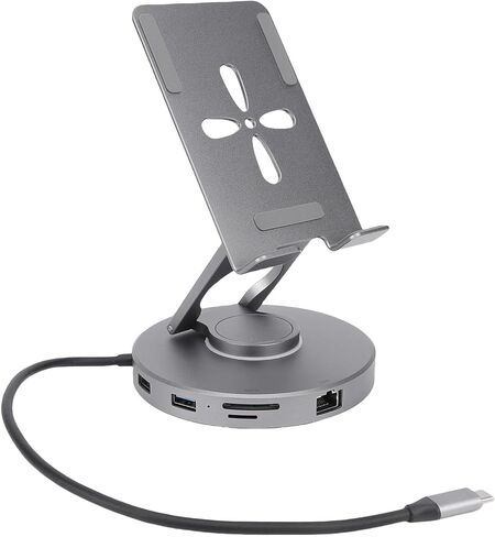 Zopsc 10 in 1 Tablet Docking Station Stand, 360° Rotating Tablet Holder with USB C Hub, Card Reader, 3.5mm Sound Jack, USB 3.0, 100W PD Power Port, Aluminum Alloy in Kuwait