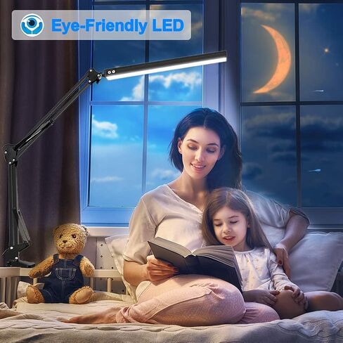 LED Desk Lamp for Home,Office,Reading,Adjustable Eye-Caring Desk Light with Clamp,Swing Arm Lamp Includes 3 Color Modes,10 Brightness Levels Table Lamps with Memory Function(Black) (Black) in Saudi Arabia
