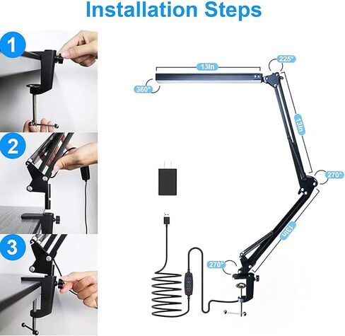 LED Desk Lamp for Home,Office,Reading,Adjustable Eye-Caring Desk Light with Clamp,Swing Arm Lamp Includes 3 Color Modes,10 Brightness Levels Table Lamps with Memory Function(Black) (Black) in Saudi Arabia