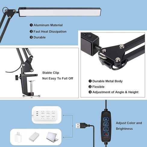 LED Desk Lamp for Home,Office,Reading,Adjustable Eye-Caring Desk Light with Clamp,Swing Arm Lamp Includes 3 Color Modes,10 Brightness Levels Table Lamps with Memory Function(Black) (Black) in Saudi Arabia