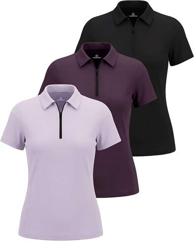 Real Essentials 3 Pack: Women’s Dry Fit Polo Shirts Quarter Zip Short Sleeve Athletic Golf Tennis Workout Gym Collared Tops in Kuwait