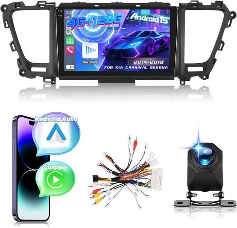 ستيريو سيارة 4G+128G لسيارة Kia Carnival Sedona 2014 2015 2016 2017 2018 2019 مع Carplay اللاسلكي وAndroid Auto - راديو بشاشة لمس 9 بوصة Android 15 مع EQ/5G WiFi/GPS/SWC، كاميرا الرؤية الخلفية AHD in Kuwait