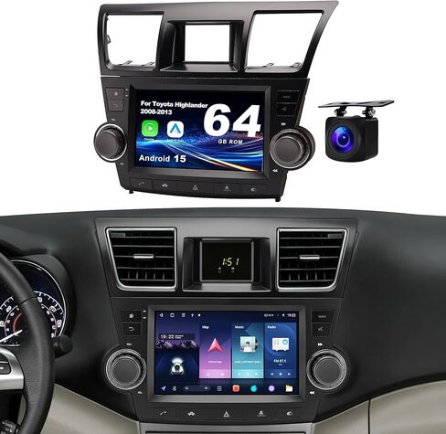 وحدة رأس Android 15 لسيارة Toyota Highlander: ترقية راديو السيارة 4 جيجابايت + 64 جيجابايت CarPlay اللاسلكي وAndroid Auto مع Bluetooth5.4، WiFi 6، GPS، FM/RDS، EQ، SWC، كاميرا احتياطية 1080P (2008-2013) in Kuwait