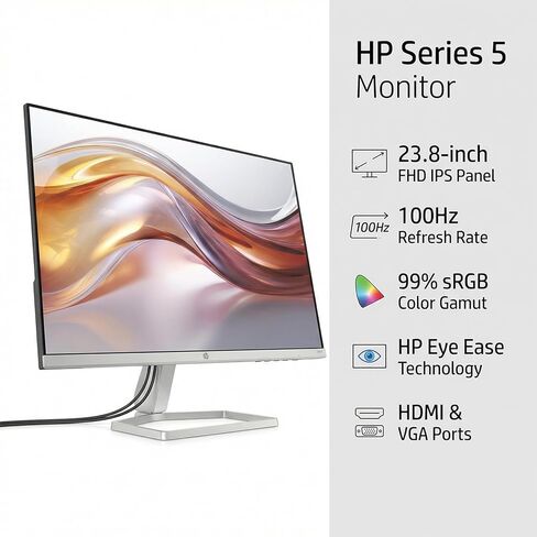 شاشة HP Series 5 مقاس 24 بوصة بدقة FHD، ومعدل تحديث 100 هرتز، وشاشة IPS بدقة 1080 بكسل مع تباين 1500:1، وسطوع 300 شمعة في المتر المربع، و99% sRGB وEyesafe، سهولة العين المعتمدة، وتعديل الإمالة، ومنافذ HDMI وVGA in Kuwait