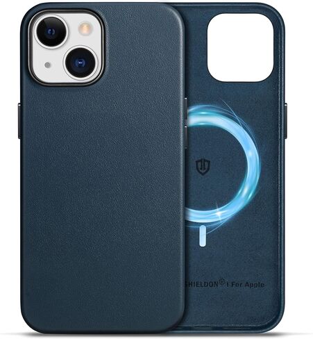 SHIELDON Genuine Leather Case for iPhone 15 Pro Max 6.7", Magnetic Wireless Charging Non-Slip Microfiber Lining Anti-Scratch Shockproof Protective Case Compatible with iPhone 15 Pro Max - Navy Blue in Kuwait