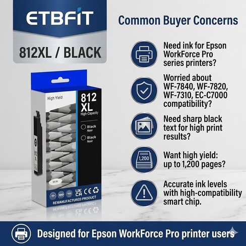 812XL Black Ink Cartridges Remanufactured for epson 812xl Ink cartridges Combo Pack Work with Work for EPSON WF-7840 WF-7820 WF-7310 EC-C7000 Printers(2 Black) in Kuwait