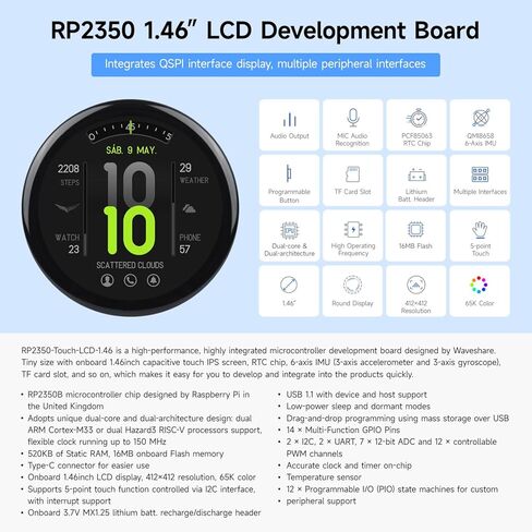 KLAYERS RP2350 All in One High-Performance Development Board with 1.46inch Round Display,480x480 IPS Capacitive Touchscreen, 6-Axis IMU, RTC, and Dual-Core ARM/RISC-V Processing,Without Cover Glass in Kuwait