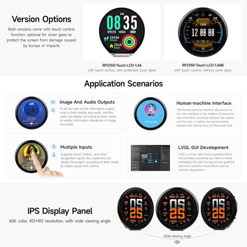 KLAYERS RP2350 All in One High-Performance Development Board with 1.46inch Round Display,480x480 IPS Capacitive Touchscreen, 6-Axis IMU, RTC, and Dual-Core ARM/RISC-V Processing,Without Cover Glass in Kuwait