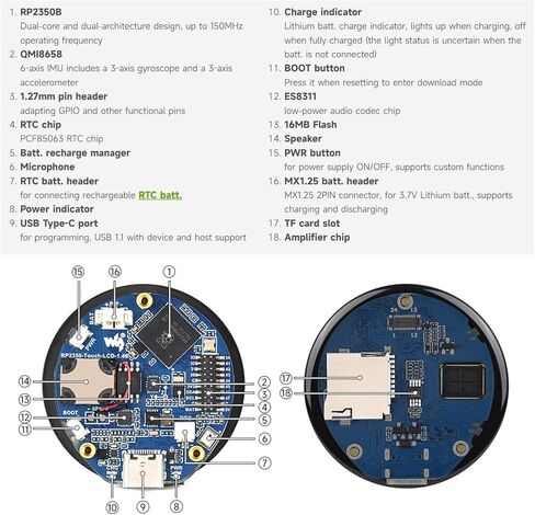 KLAYERS RP2350 All in One High-Performance Development Board with 1.46inch Round Display,480x480 IPS Capacitive Touchscreen, 6-Axis IMU, RTC, and Dual-Core ARM/RISC-V Processing,Without Cover Glass in Kuwait