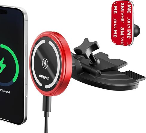 شاحن سيارة OHLPRO 15W Magsafe لهاتف iPhone 17، حامل فتحة أقراص مضغوطة مغناطيسية للشحن اللاسلكي السريع مع قاعدة لاصقة 3M للوحة القيادة، هيكل من الألومنيوم، متوافق مع سلسلة iPhone 16 15 14، Jetblack in Kuwait