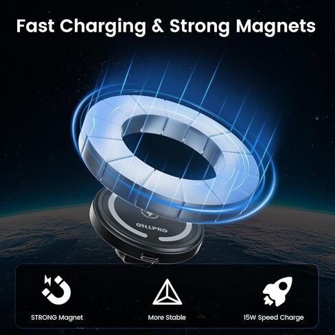 شاحن سيارة OHLPRO 15W Magsafe لهاتف iPhone 17، حامل فتحة أقراص مضغوطة مغناطيسية للشحن اللاسلكي السريع مع قاعدة لاصقة 3M للوحة القيادة، هيكل من الألومنيوم، متوافق مع سلسلة iPhone 16 15 14، Jetblack in Kuwait
