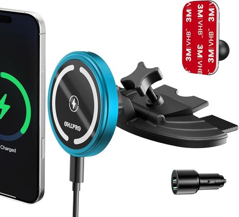 شاحن سيارة OHLPRO 15W Magsafe لهاتف iPhone 17، حامل فتحة أقراص مضغوطة مغناطيسية للشحن اللاسلكي السريع مع قاعدة لاصقة 3M للوحة القيادة، هيكل من الألومنيوم، متوافق مع سلسلة iPhone 16 15 14، Jetblack in Kuwait