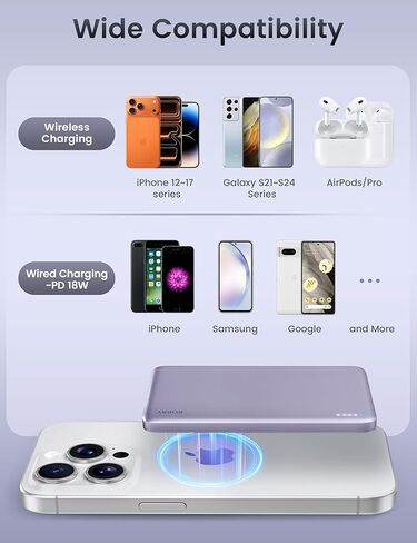 RORRY for Magsafe Portable Charger, [0.3" Ultra Slim] Magnetic Power Bank,[Alloy-Made] 5000mAh Wireless Portable Charger, USB C Battery Pack 18W Fast Charging for iPhone 17/16/15, Violet in Kuwait