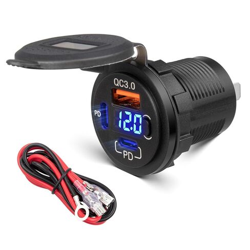 Anina 78W Dual PD USB-C QC3.0 Fast Charging, 3 Port Car Charger Socket 12V/24V with Voltmeter and Battery Protection Switch, USB Outlet Cigarette Lighter for Marine Boat RV Truck Golf Cart Motorcycle in Kuwait