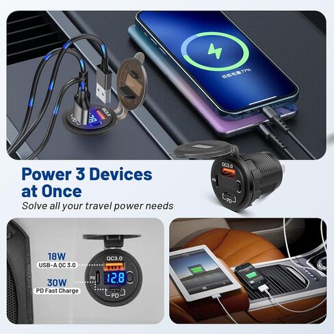 Anina 78W Dual PD USB-C QC3.0 Fast Charging, 3 Port Car Charger Socket 12V/24V with Voltmeter and Battery Protection Switch, USB Outlet Cigarette Lighter for Marine Boat RV Truck Golf Cart Motorcycle in Kuwait