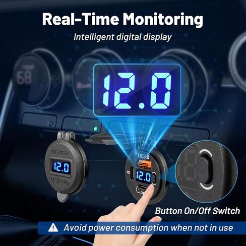Anina 78W Dual PD USB-C QC3.0 Fast Charging, 3 Port Car Charger Socket 12V/24V with Voltmeter and Battery Protection Switch, USB Outlet Cigarette Lighter for Marine Boat RV Truck Golf Cart Motorcycle in Kuwait